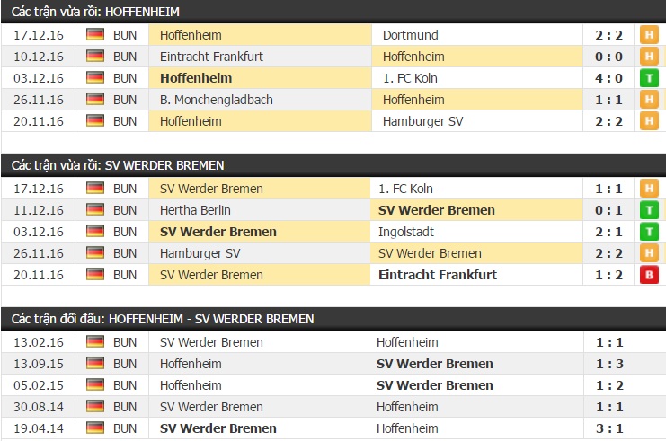 Thành tích và kết quả đối đầu Hoffenheim vs Werder Bremen
